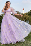 Lavender A-Line V-Neck Embroidery Floor Length Prom Dress with Short Sleeves