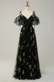 Green A-Line V-Neck Spaghetti Straps Embroidered Formal Party Dress with Slit