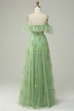 Green A-Line V-Neck Spaghetti Straps Embroidered Formal Party Dress with Slit