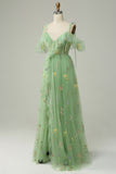 Green A-Line V-Neck Spaghetti Straps Embroidered Formal Party Dress with Slit