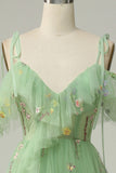 Green A-Line V-Neck Spaghetti Straps Embroidered Formal Party Dress with Slit