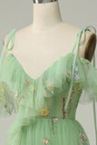 Green A-Line V-Neck Spaghetti Straps Embroidered Formal Party Dress with Slit