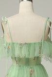 Green A-Line V-Neck Spaghetti Straps Embroidered Formal Party Dress with Slit