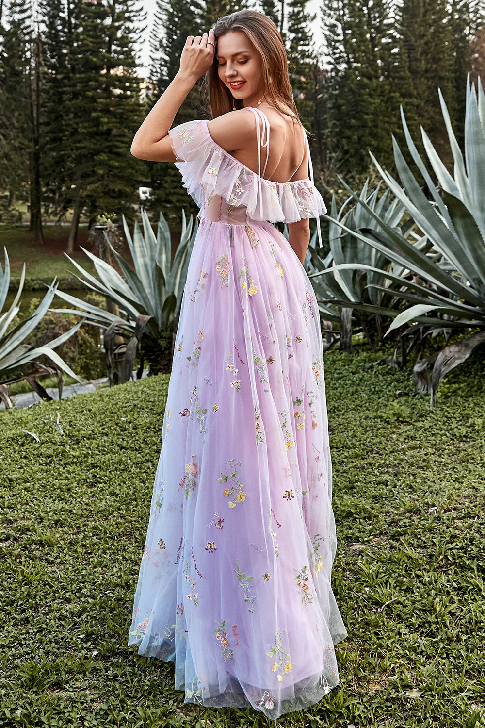Wedtrend Women Lavender Prom Dress A Line V Neck Spaghetti Straps Embroidery Long Wedding Guest Dress with Slit WEDTREND