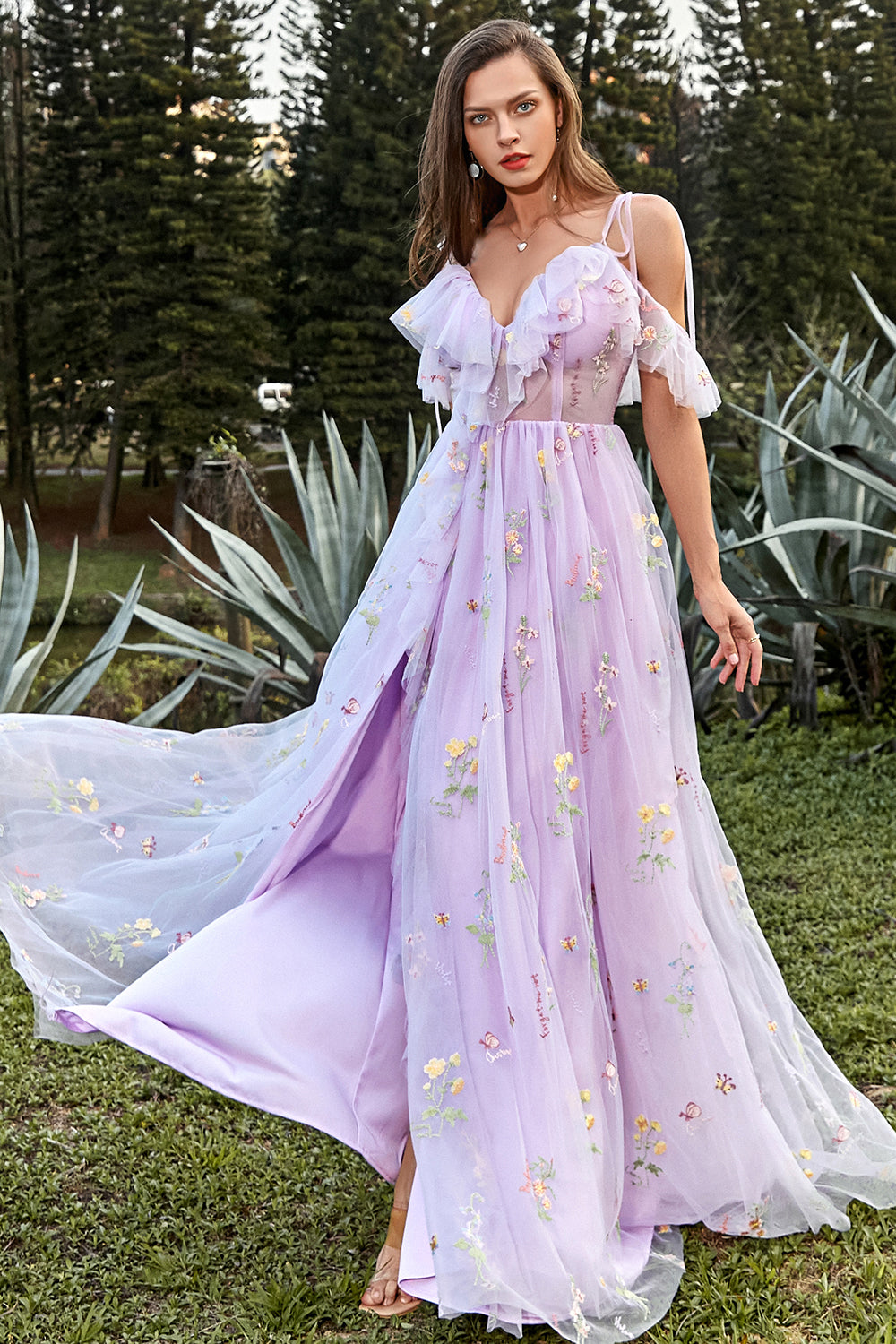 Lavender A-Line V-Neck Spaghetti Straps Embroidery Wedding Formal Dress with Slit