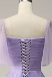 Lavender A Line Off Shoulder Long Prom Dress with Ruffles