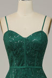 Dark Green A Line Spaghetti Straps Lace Corset Formal Dress with Slit
