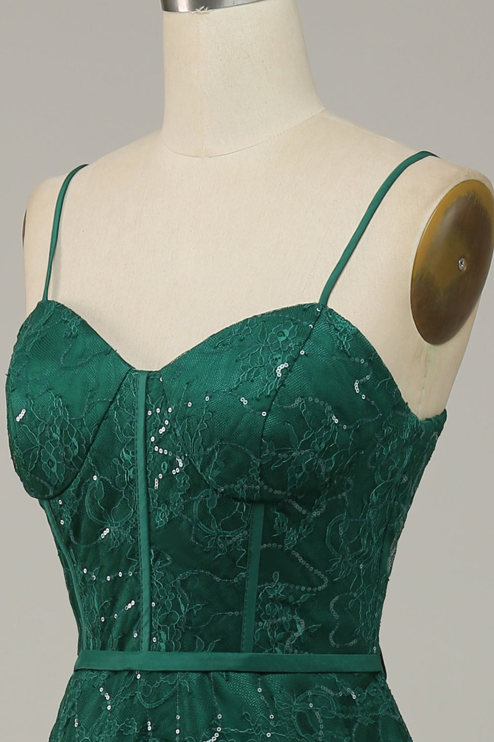 Dark Green A Line Spaghetti Straps Lace Corset Prom Dress with Slit