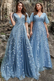 Grey Blue A Line V Neck Tulle Embroidered Leaves Long Plus Size Dress