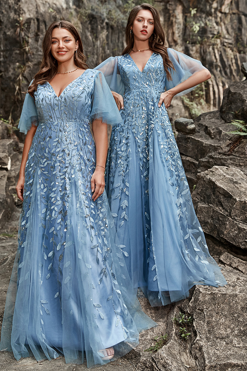 Wedtrend Women's Grey Blue A Line V Neck Tulle Embroidered Leaves Plus Size Bridesmaid Dress WEDTREND Wedtrend Women's Grey Blue A Line V Neck Tulle Embroidered Leaves Plus Size Bridesmaid Dress WEDTREND
