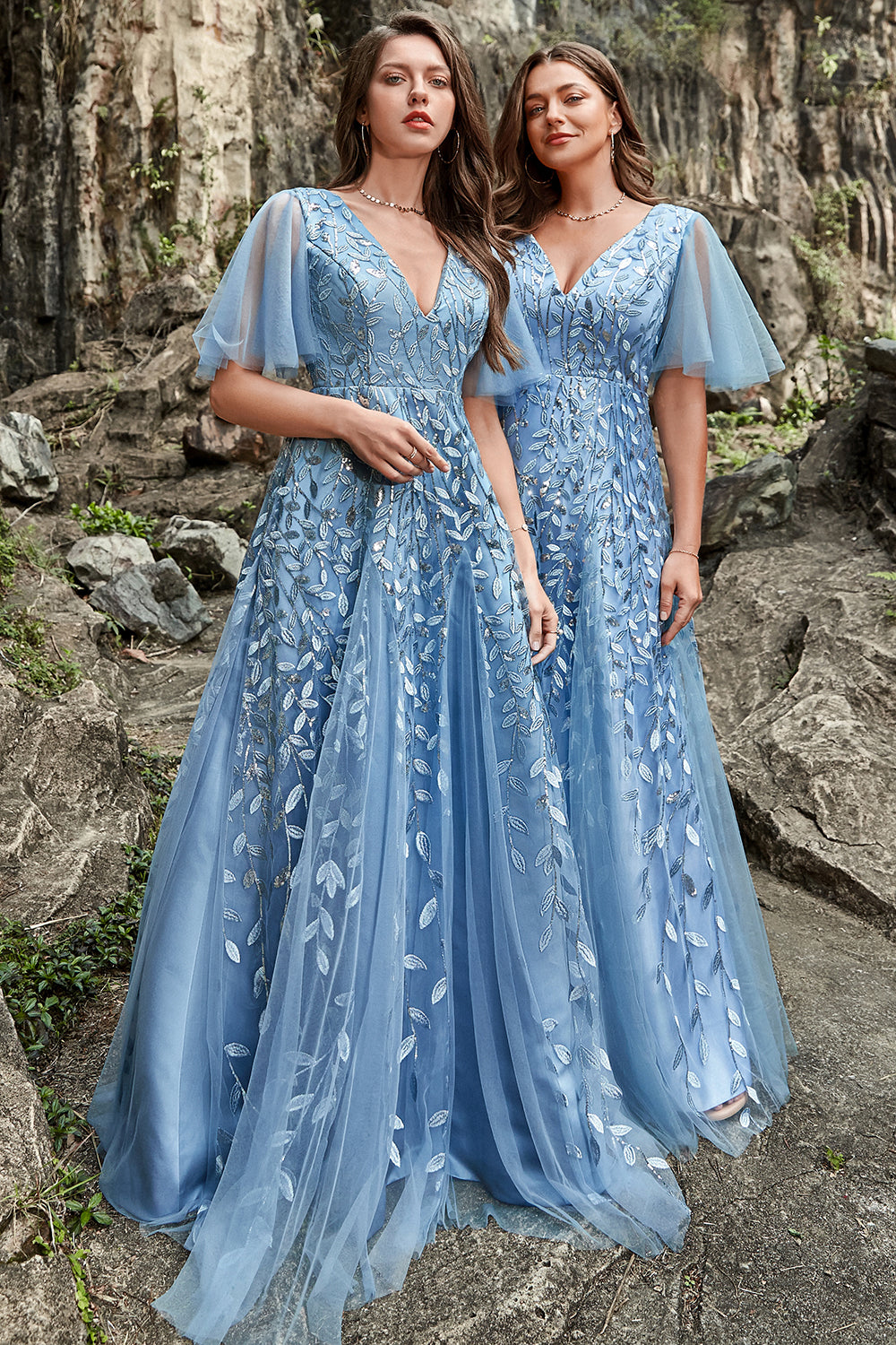 Wedtrend Women Grey Blue A Line V Neck Tulle Embroidered Leaves Long Bridesmaid Dress Formal Dress WEDTREND Wedtrend Women Grey Blue A Line V Neck Tulle Embroidered Leaves Long Bridesmaid Dress Formal Dress WEDTREND