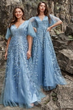 Grey Blue A Line V Neck Tulle Embroidered Leaves Plus Size Formal Dress