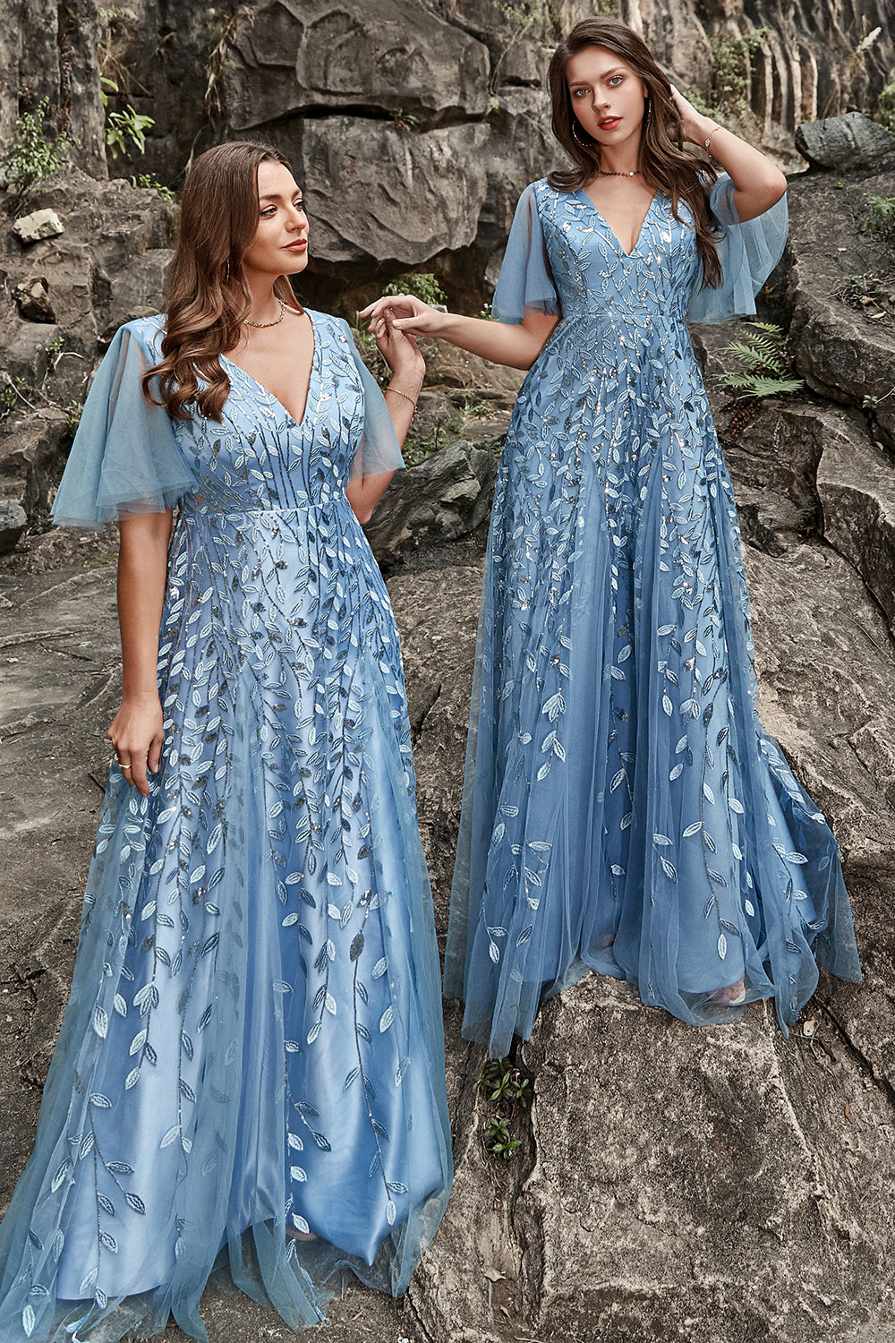 Wedtrend Women's Grey Blue A Line V Neck Tulle Embroidered Leaves Plus Size Bridesmaid Dress WEDTREND Wedtrend Women's Grey Blue A Line V Neck Tulle Embroidered Leaves Plus Size Bridesmaid Dress WEDTREND
