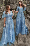 Grey Blue A Line V Neck Tulle Embroidered Leaves Plus Size Formal Dress