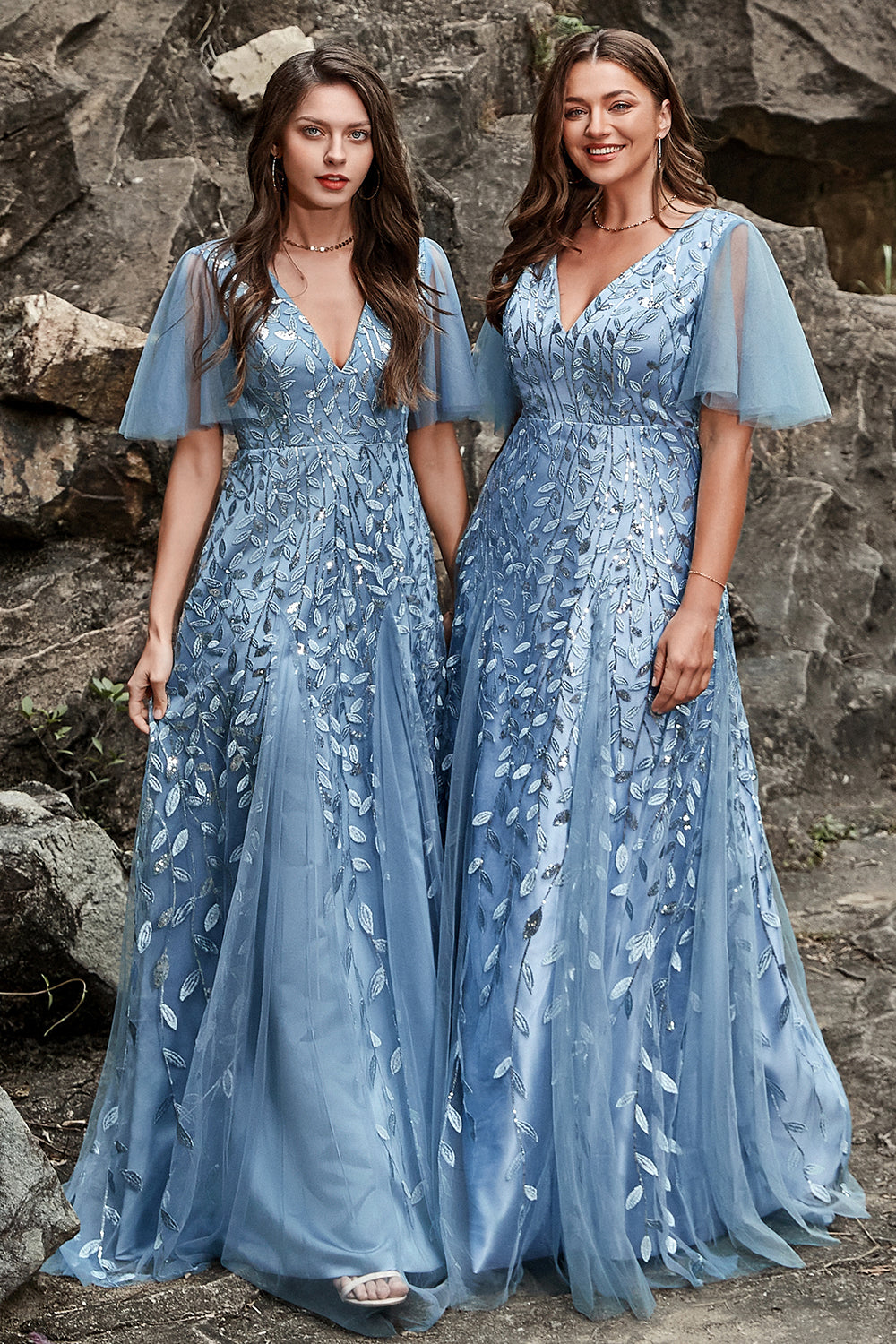Wedtrend Women Grey Blue A Line V Neck Tulle Embroidered Leaves Long Bridesmaid Dress Formal Dress WEDTREND Wedtrend Women Grey Blue A Line V Neck Tulle Embroidered Leaves Long Bridesmaid Dress Formal Dress WEDTREND