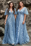 Grey Blue A Line V Neck Tulle Embroidered Leaves Long Plus Size Dress