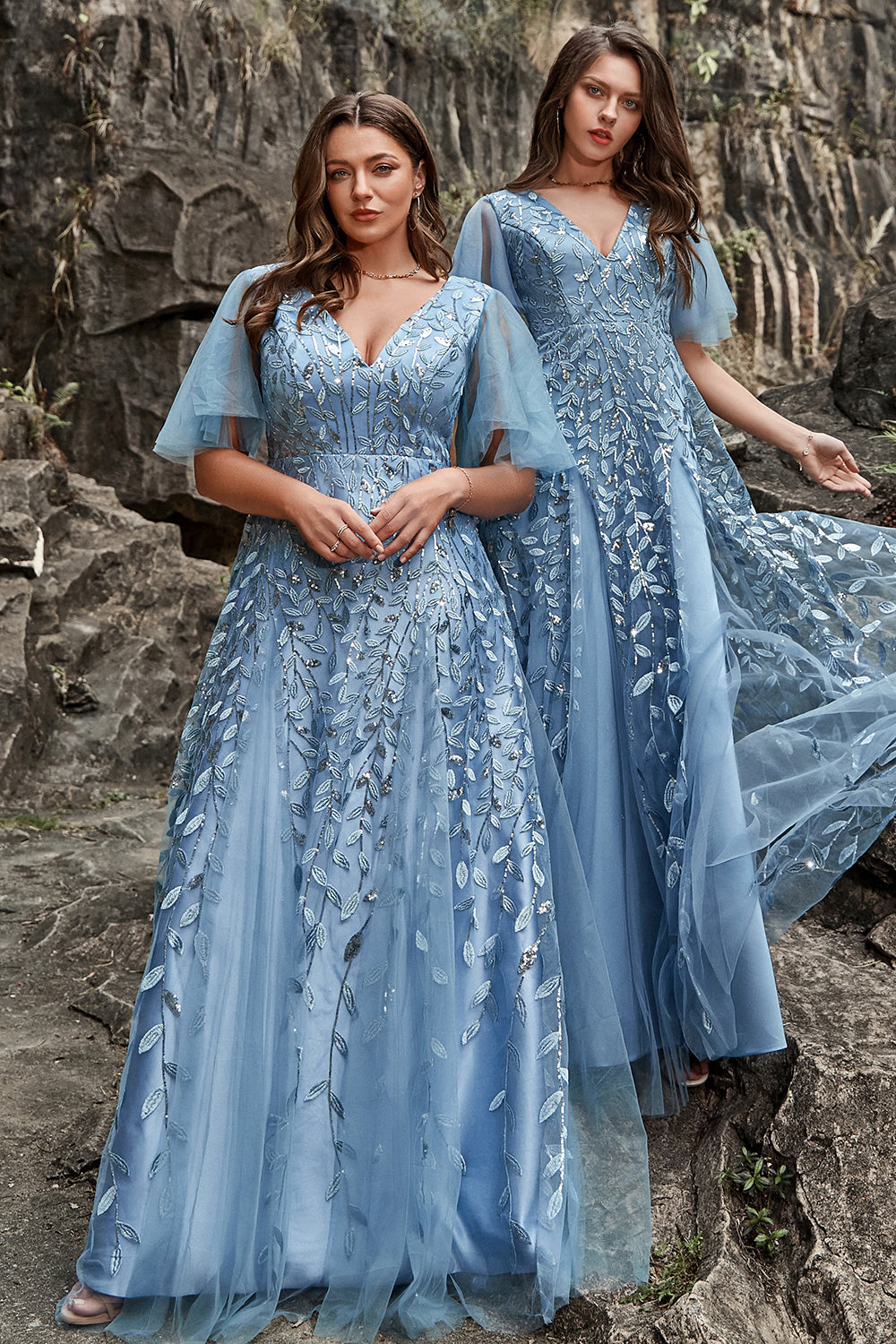 Wedtrend Women's Grey Blue A Line V Neck Tulle Embroidered Leaves Plus Size Bridesmaid Dress WEDTREND Wedtrend Women's Grey Blue A Line V Neck Tulle Embroidered Leaves Plus Size Bridesmaid Dress WEDTREND