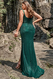 Dark Green Mermaid V Neck Sequined Plus Size Bridesmaid Dress With Split Front
