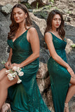 Dark Green Mermaid V Neck Sequined Plus Size Bridesmaid Dress With Split Front