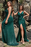 Dark Green Mermaid V Neck Sequined Floor-Length Dress With Split Front