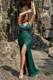 Dark Green Mermaid V Neck Sequined Plus Size Dress With Split Front