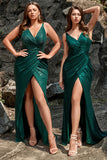 Dark Green Mermaid V Neck Sequined Plus Size Dress With Split Front