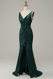Dark Green Mermaid Sequined Spaghetti Straps Prom Dress With Slit