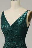 Dark Green Mermaid Sequined Spaghetti Straps Prom Dress With Slit