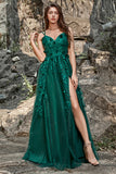 Dark Green A Line Spaghetti Straps Tulle Formal Dress with Slit