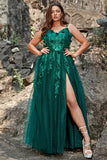 A Line Spaghetti Straps Tulle Appliques Plus Size Floor-Length Formal Dress with Slit