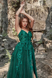 Dark Green A Line Spaghetti Straps Tulle Formal Dress with Slit