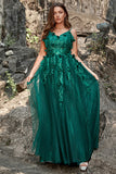 A Line Spaghetti Straps Tulle Appliques Plus Size Floor-Length Formal Dress with Slit