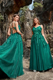 Dark Green A Line Spaghetti Straps Tulle Formal Dress with Slit