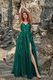 Dark Green A Line Spaghetti Straps Tulle Formal Dress with Slit