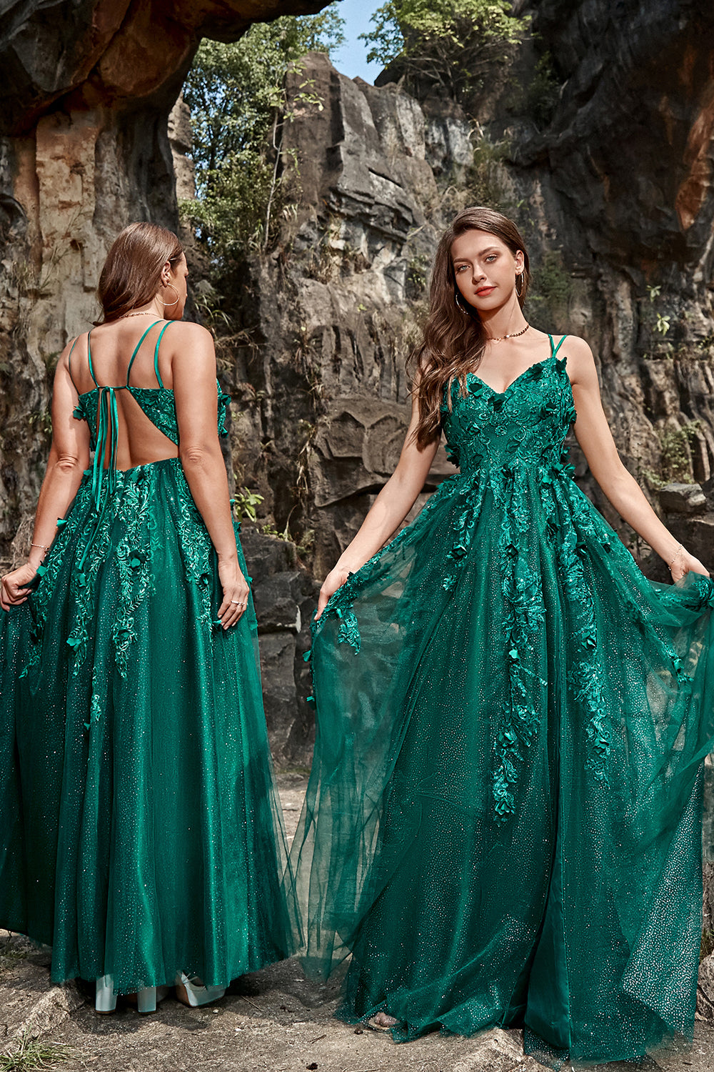 Wedtrend Women Dark Green A Line Tulle Long Appliques Bridesmaid