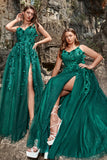 Dark Green A Line Spaghetti Straps Tulle Formal Dress with Slit