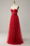 Red A Line Strapless Tulle Corset Long Prom Dress