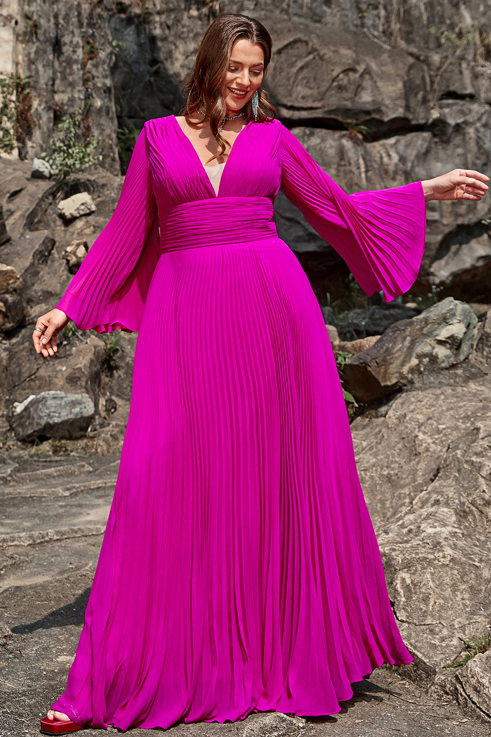 Fuchsia A Line V Neck Ruched Floor-Length Formal Dress With Long Sleeves