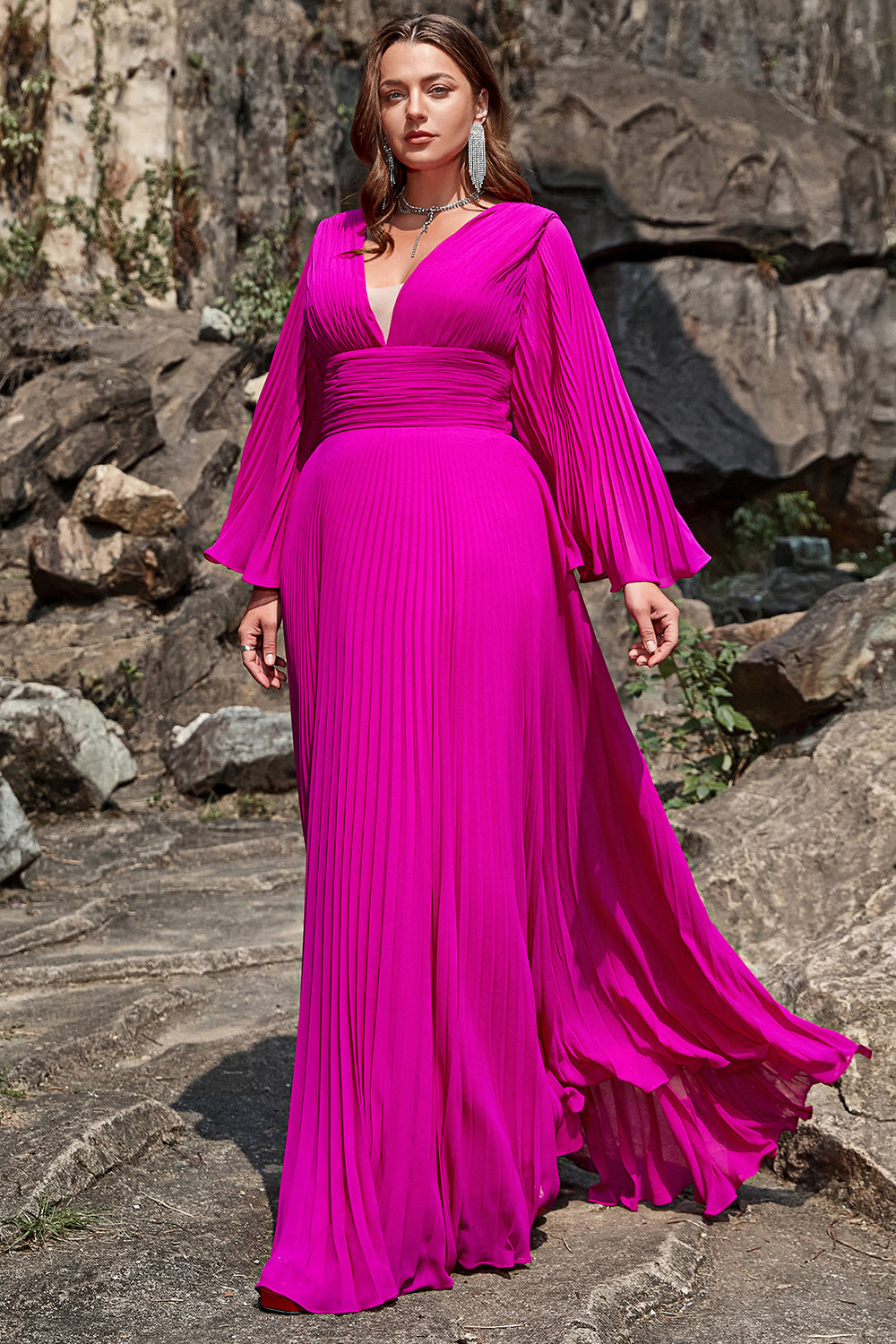 Fuchsia A Line V Neck Ruched Floor-Length Formal Dress With Long Sleeves