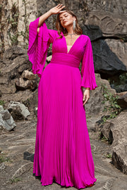 Fuchsia A Line V Neck Pleated Maxi Dress with Long Sleeves