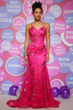 Hot Pink Mermaid Sequins Print Long Prom Dress