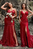 Sparkly Dark Red Mermaid Spaghetti Straps Sequin Long Prom Dress with Slit