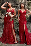 Dark Red Mermaid Spaghetti Straps Sequins Prom Dress with Slit