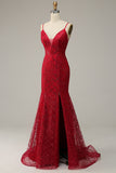 Dark Red Mermaid Spaghetti Straps Sequins Prom Dress with Slit