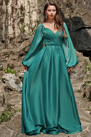 Green A Line Off Shoulder Long Sleeves Long Bridesmaid Dress with Ruffles