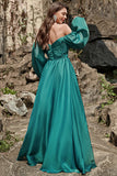 Green A Line Off Shoulder Long Sleeves Long Bridesmaid Dress with Ruffles