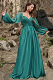 Green A Line Off Shoulder Long Sleeves Long Bridesmaid Dress with Ruffles