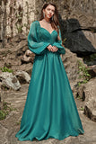 Green A Line Off Shoulder Long Sleeves Long Bridesmaid Dress with Ruffles