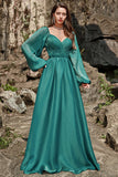 Green A Line Off Shoulder Long Sleeves Long Bridesmaid Dress with Ruffles
