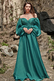 Green A Line Off Shoulder Long Sleeves Long Bridesmaid Dress with Ruffles